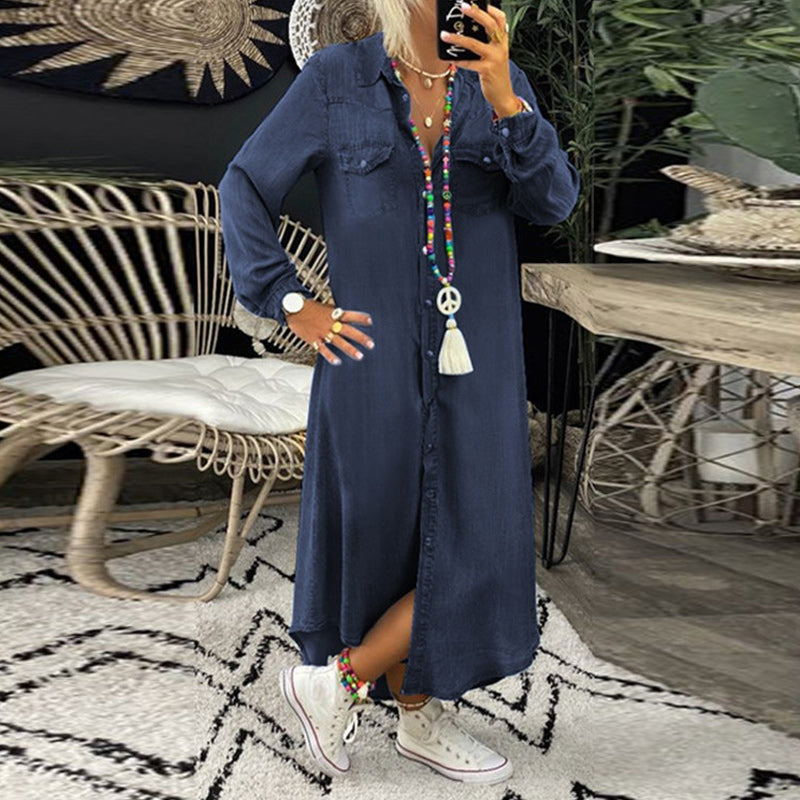Ella™ | Long Sleeve Maxi Dress in Denim