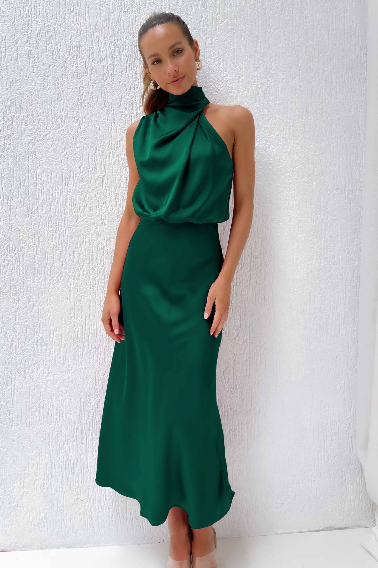 Elegant Long Satin Dress with Halter Neck