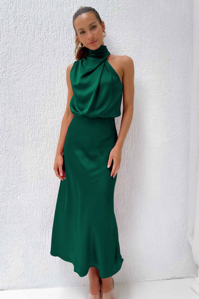 Elegant Long Satin Dress with Halter Neck