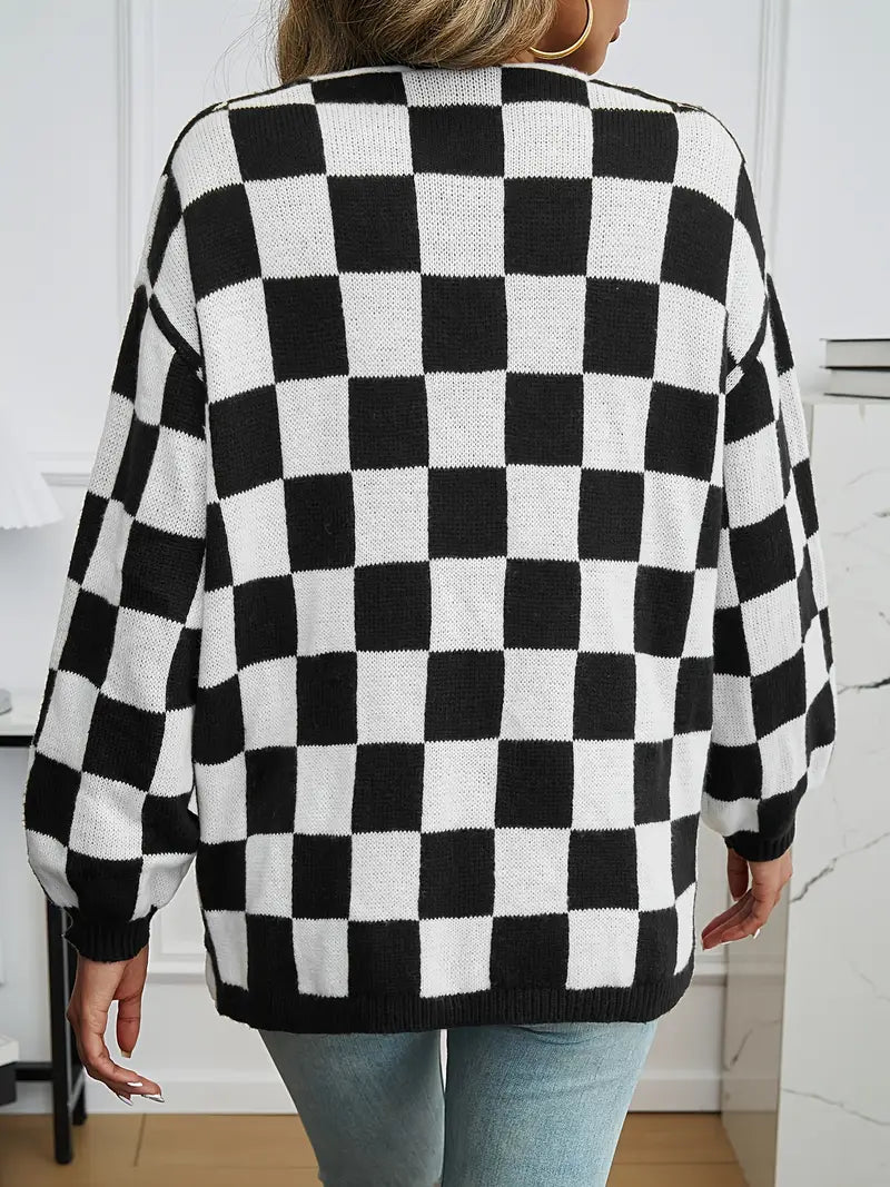 Crossmark Checkered Knit Cardigan