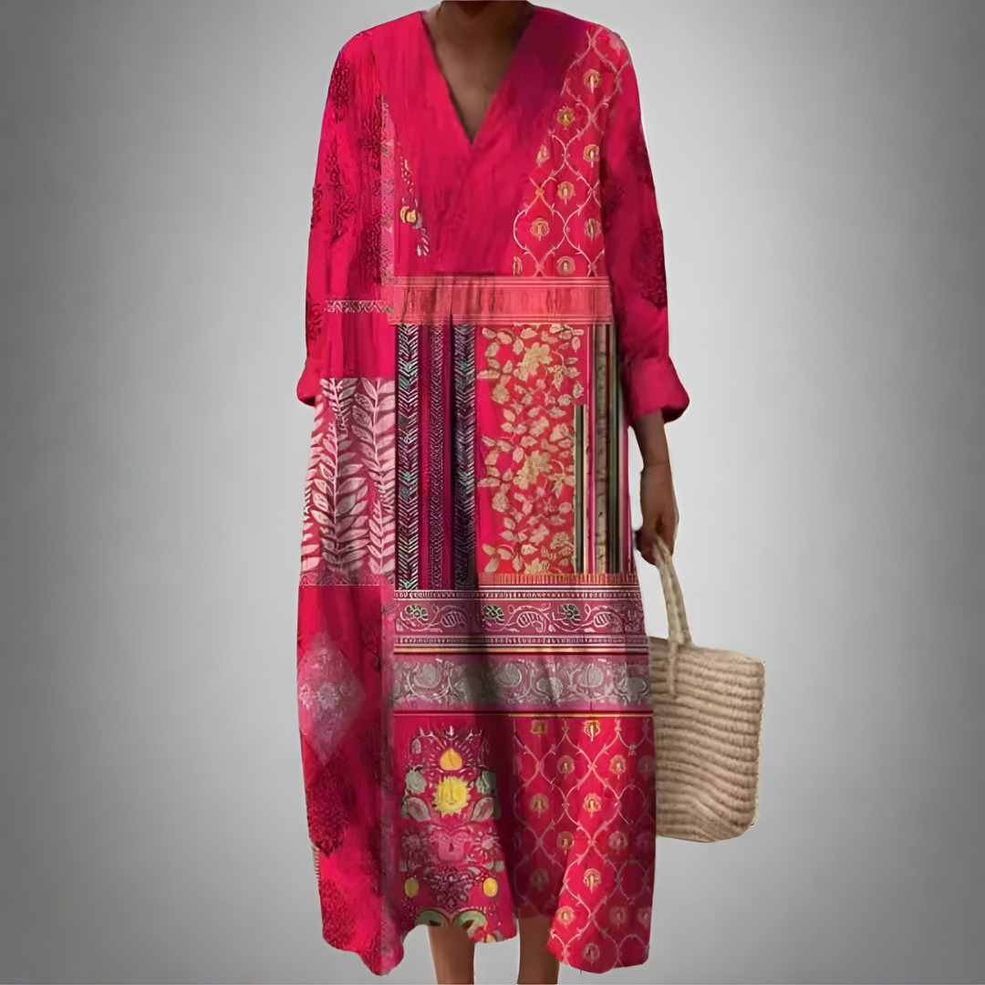 Melvara – Bohemian Patchwork Midi Dress for Women