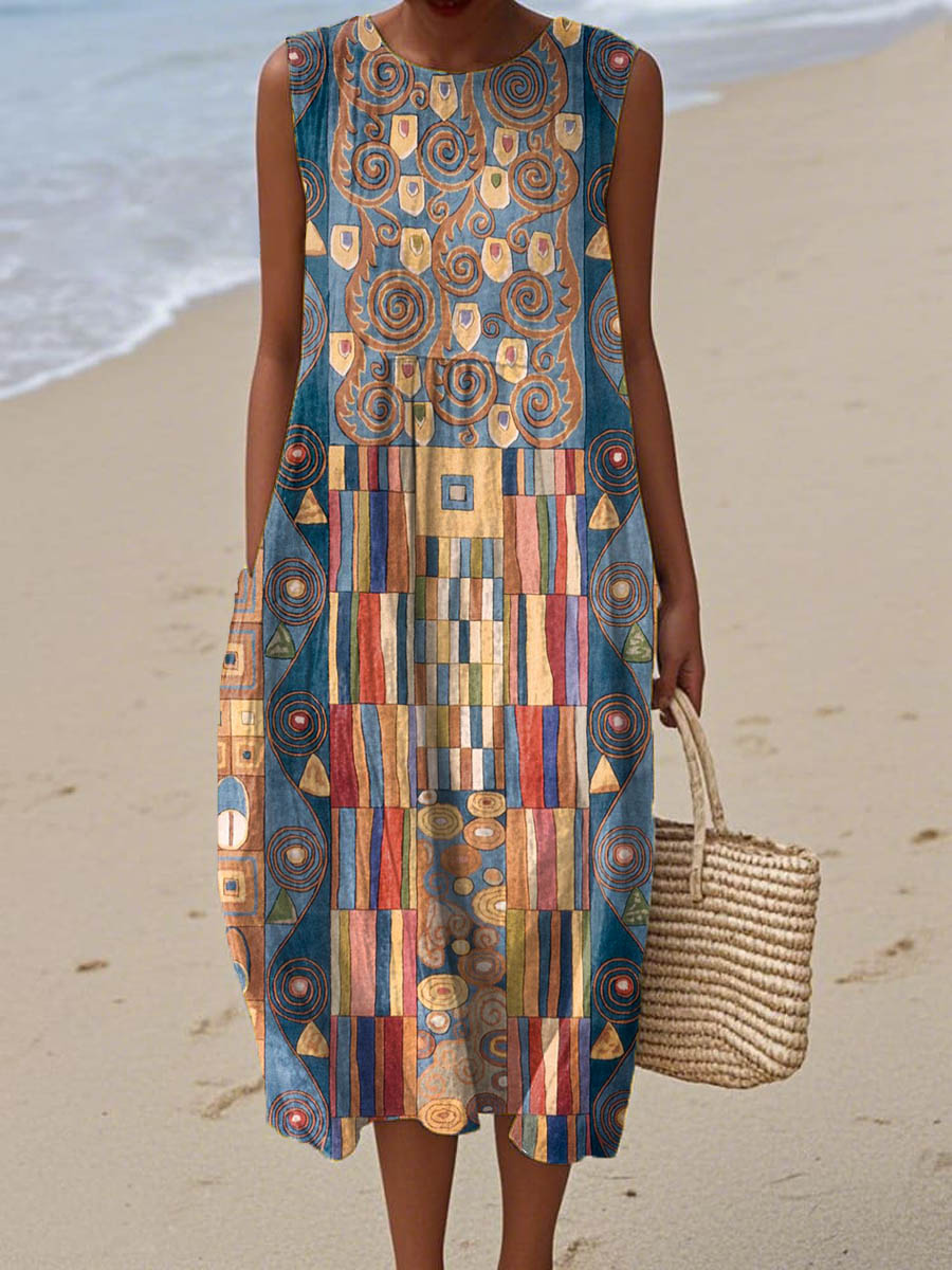Freya | Sleeveless Abstract Geometric Pattern Art Print Dress