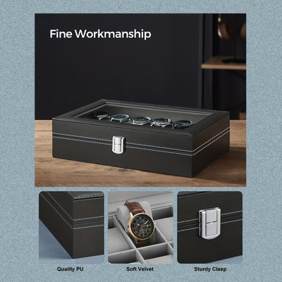 12 Slot Gray Watch Storage Box, Transparent Watch Box, PU Leather Wrapped, Ideal Choice for Gifts