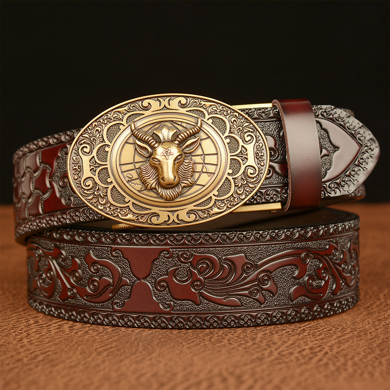Men's Vintage Cowhide Personalized Carved Automatic Buckle Belt MTA0967F5U
