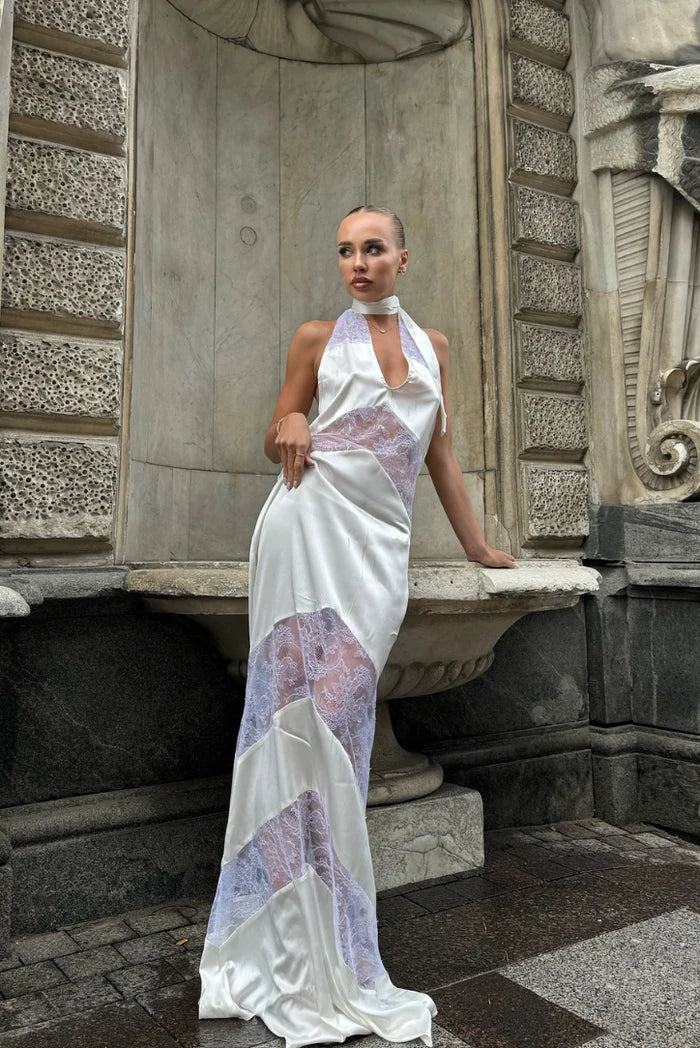 Renley - Lace Splicing Backless V-Neck Halter Dress