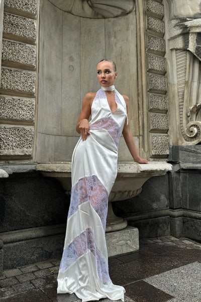 Renley - Lace Splicing Backless V-Neck Halter Dress