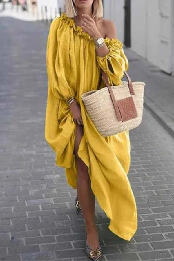 Avencea - Casual Solid Color Loose Dress with One Shoulder Design