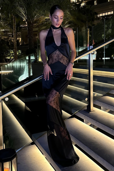 Renley - Lace Splicing Backless V-Neck Halter Dress