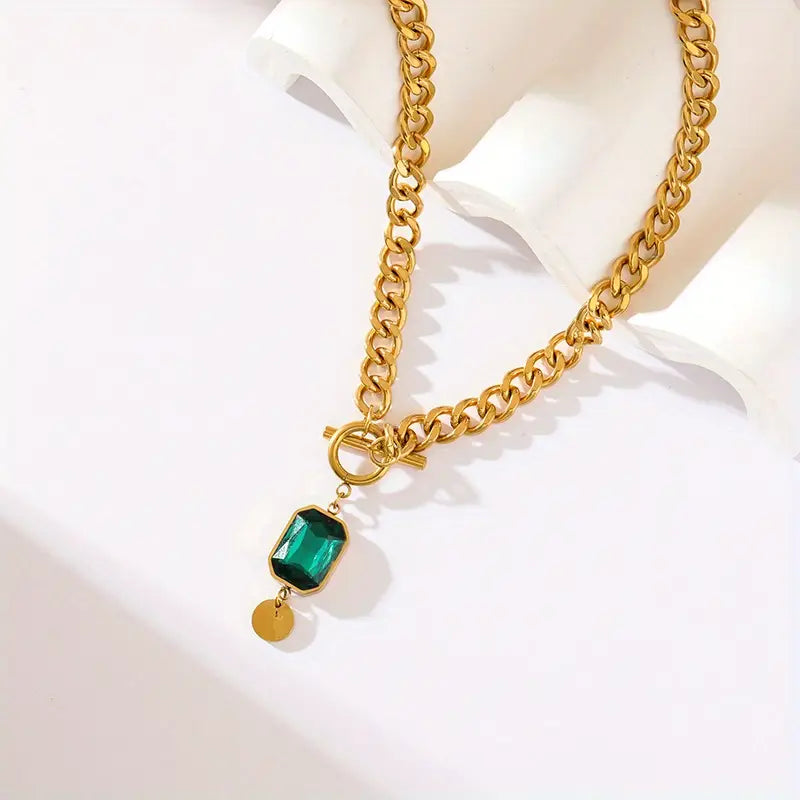 Chunky Chain Emerald Pendant Necklace | Gold 18k