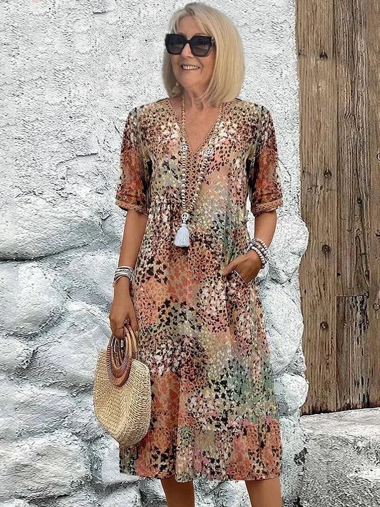 Emelith - Leopard Lace V-Neck Summer Dress
