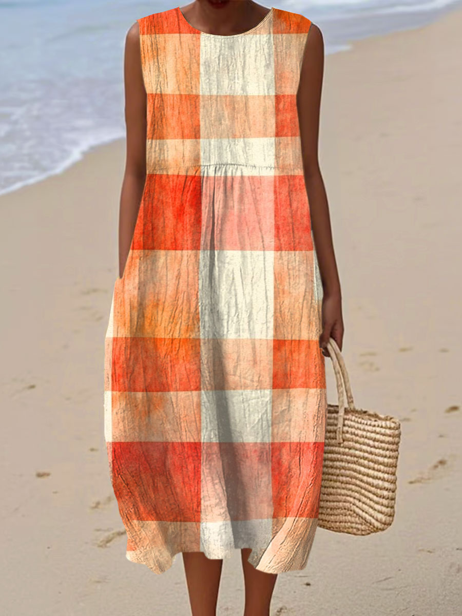 Helen | Vintage Abstract Geometric Art Print Sleeveless Cotton Pocket Wrap Dress