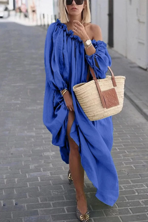 Avencea - Casual Solid Color Loose Dress with One Shoulder Design