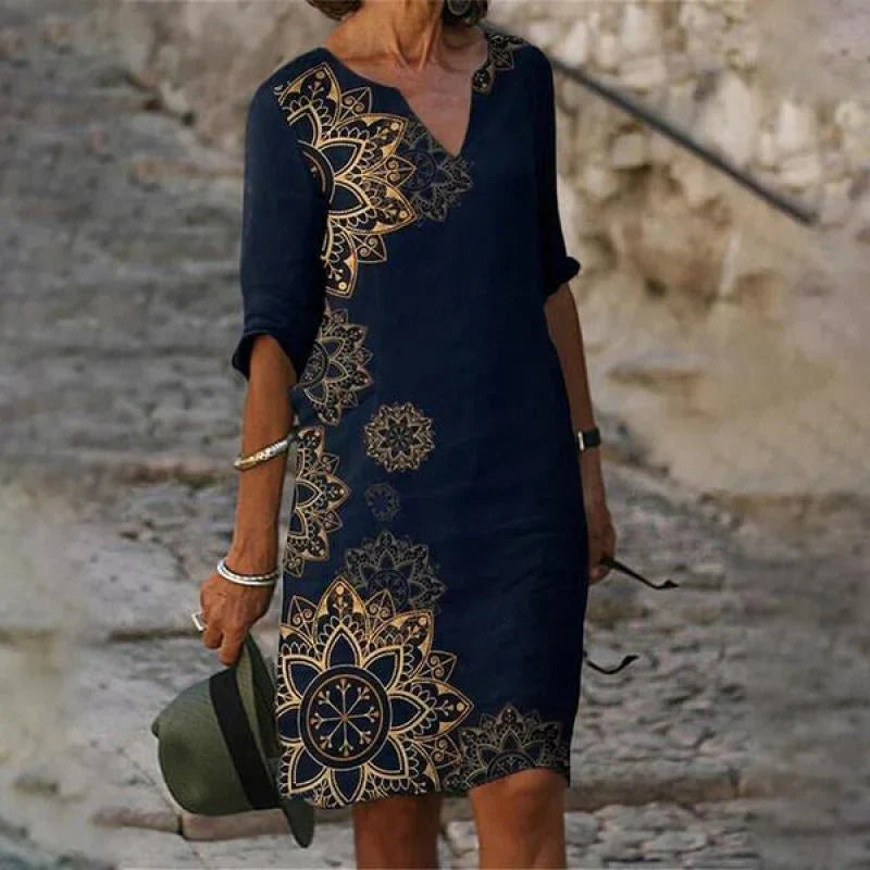 Avencea | Spring Dress with V-Neck and Three Quarter Sleeves for Effortlessly Stylish Women
