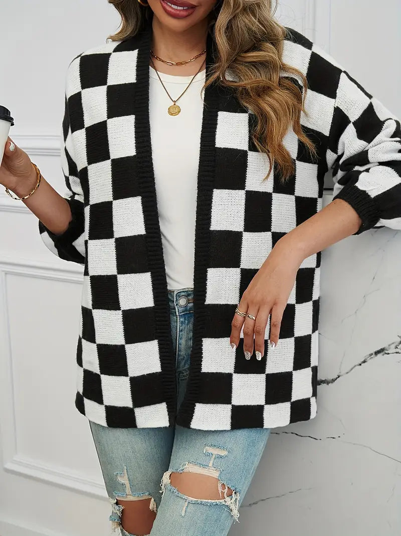 Crossmark Checkered Knit Cardigan