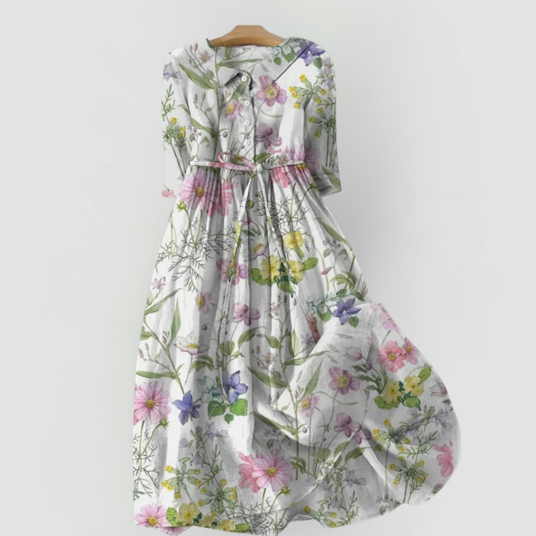 Dahlia - Summer Floral A-Line Dress with Waist Ties