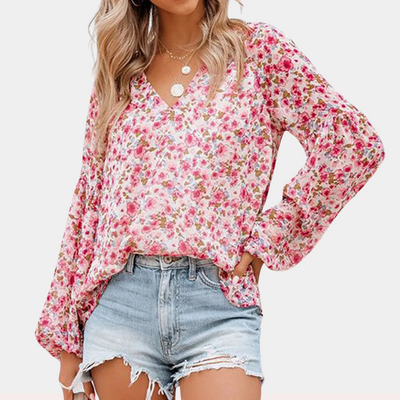 Avencea - Women's Summer Blouse with Floral Print and Long Sleeves