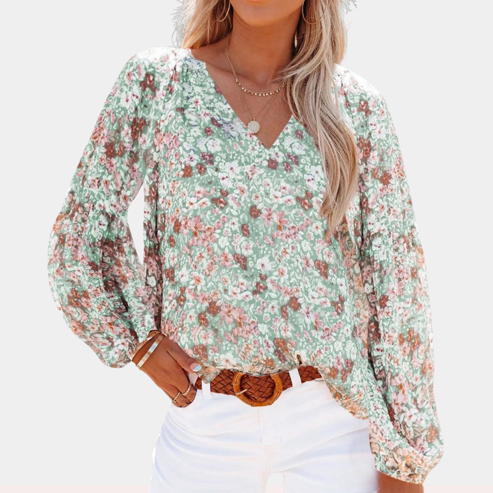 Avencea - Women's Summer Blouse with Floral Print and Long Sleeves