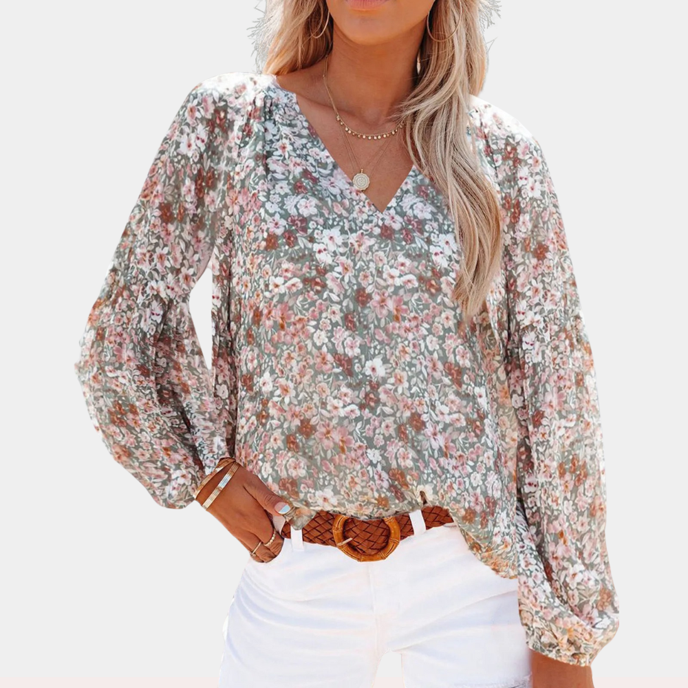 Avencea - Women's Summer Blouse with Floral Print and Long Sleeves