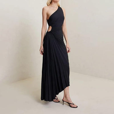 Avencea - Elegant Pleated Dress with Asymmetrical Hem