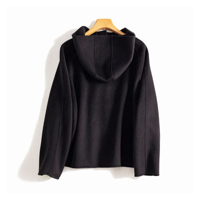 Button-Front Short Wool Coat with Hood for Women