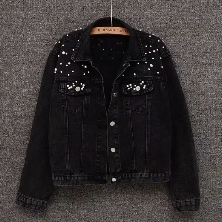 Avencea | Elegant Denim Jacket with Pearl Embellishments