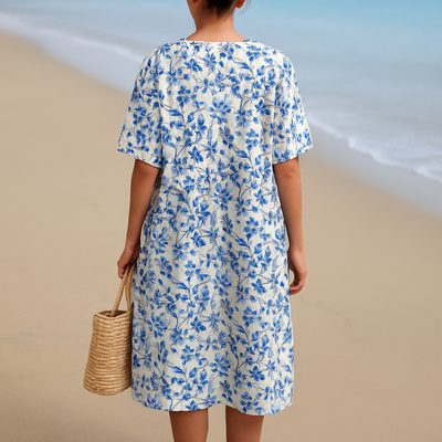 Léonie | Ivory Dress with Blue Porcelain Flowers