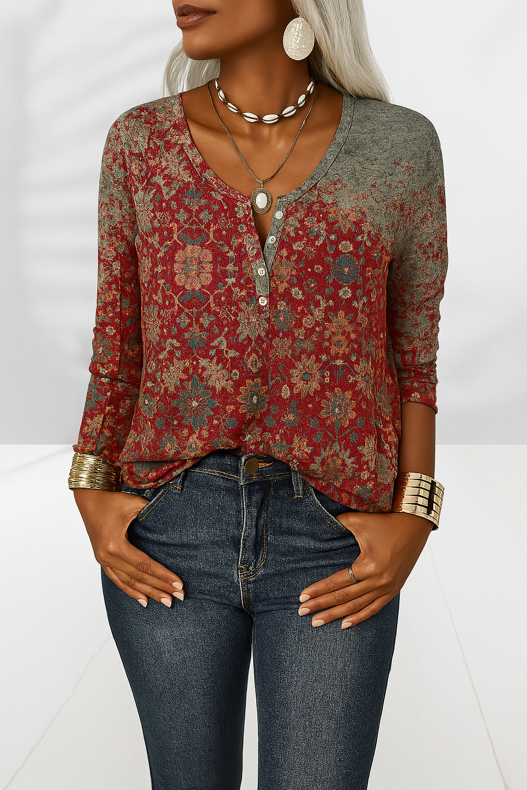 Cheryl™ | Floral Long-Sleeve Blouse with Elegant V-Neck