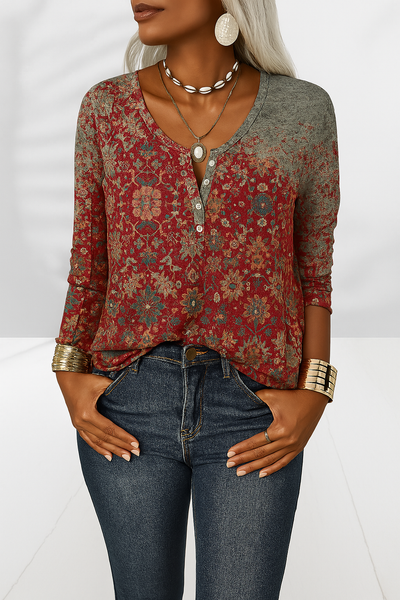 Cheryl™ | Floral Long-Sleeve Blouse with Elegant V-Neck