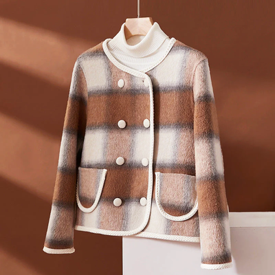 Checked Wool Short Coat for Women with Front Pockets