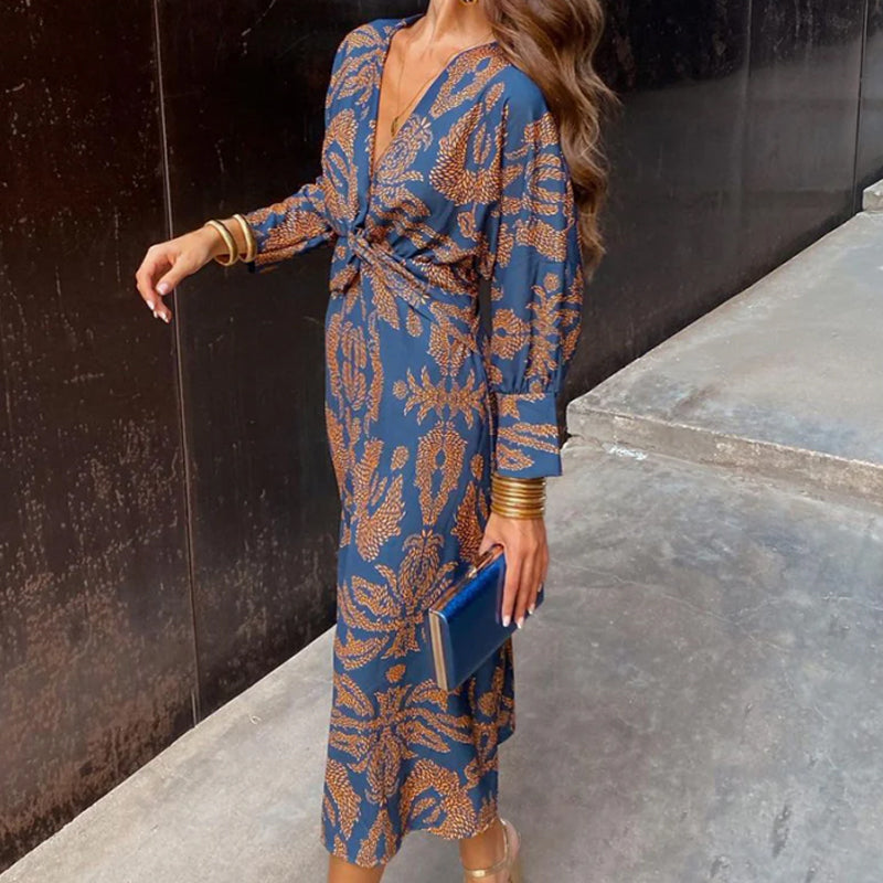 Willa - Vintage Printed V-Neck Long Dress