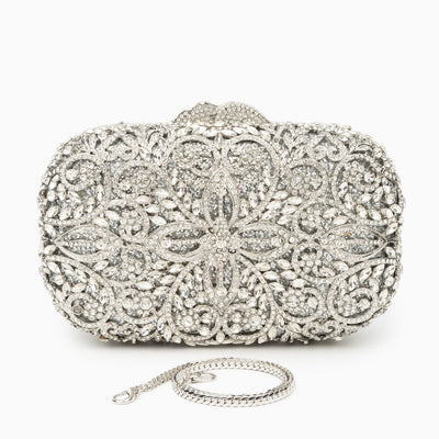 Athena Flower Rhinestones Clutch Bag - Silver