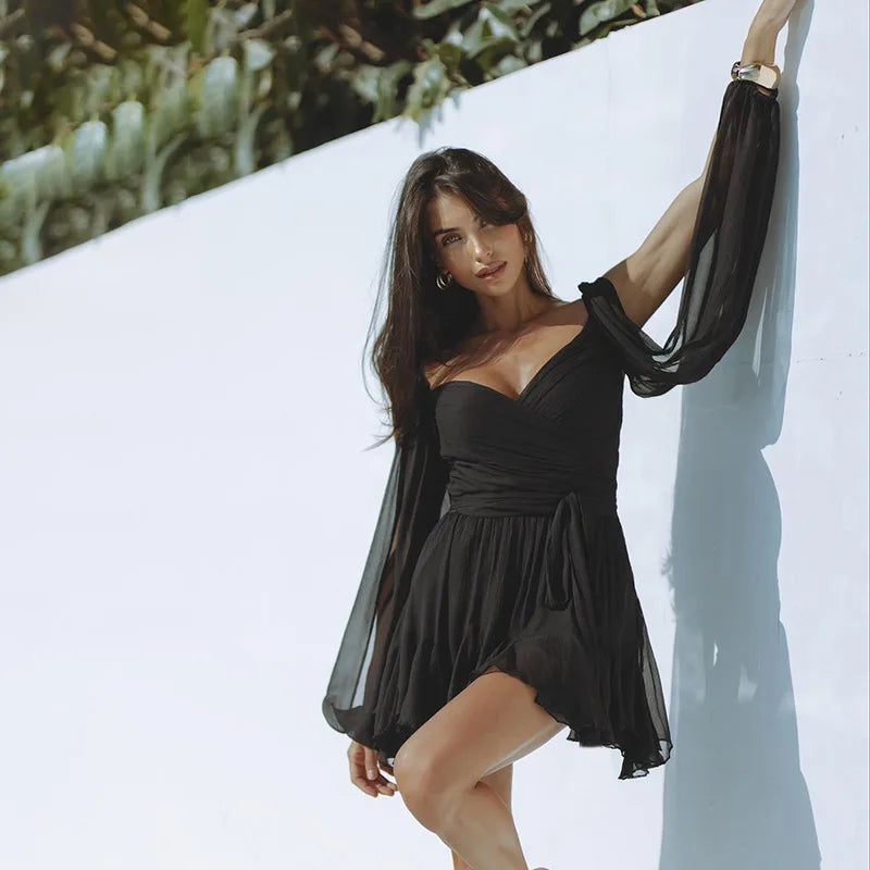 Elizabeth | Women’s Off-Shoulder Chiffon Mini Dress with Flowy Sleeves