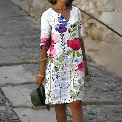 Avencea | Spring Dress with V-Neck and Three Quarter Sleeves for Effortlessly Stylish Women