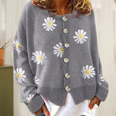 Avencea - Women's Warm Knitted Cardigan with Buttons and Floral Pattern