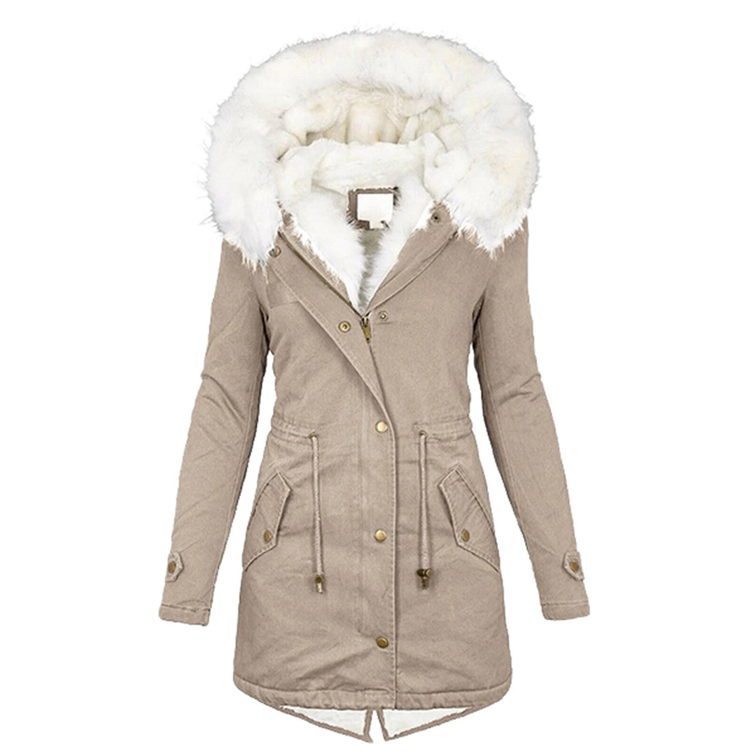 Avencea - Long winter coat with white fur collar for women