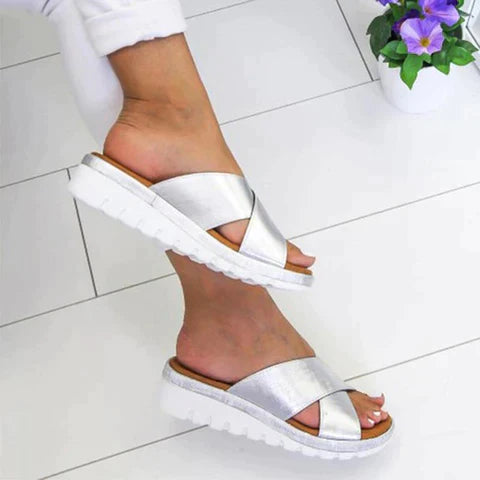 Silver Cross-Strap Sandals | Premium Casual Footwear