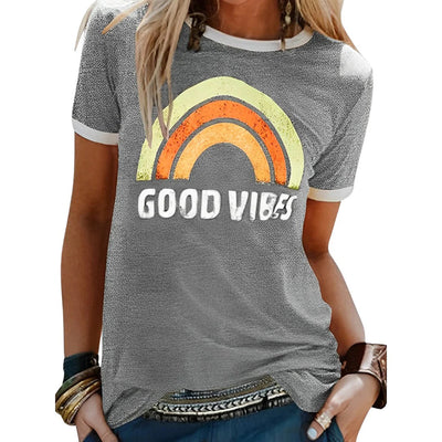 Avencea - Women's Casual Shirt with Rainbow Print and "Good Vibes" Inscription