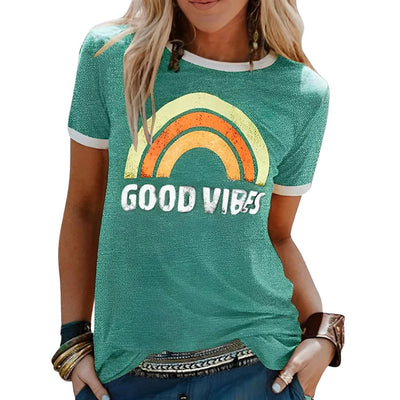 Avencea - Women's Casual Shirt with Rainbow Print and "Good Vibes" Inscription