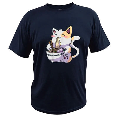 Ramen T-Shirt Cat Tshirt Kawaii Anime Tee Japanese Gift T Shirt Tops Cartoon Graphic EU Size 100% Cotton