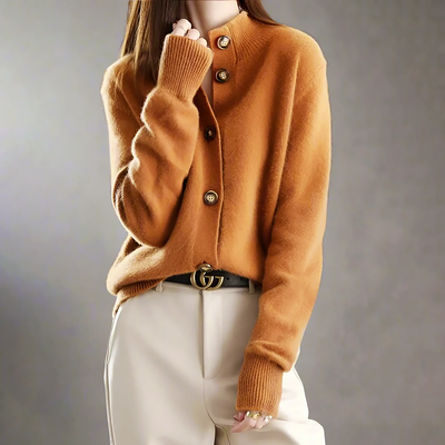 High-Collar Knit Cardigan for Women with Button Closure