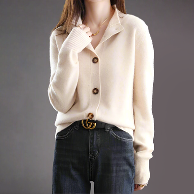 High-Collar Knit Cardigan for Women with Button Closure