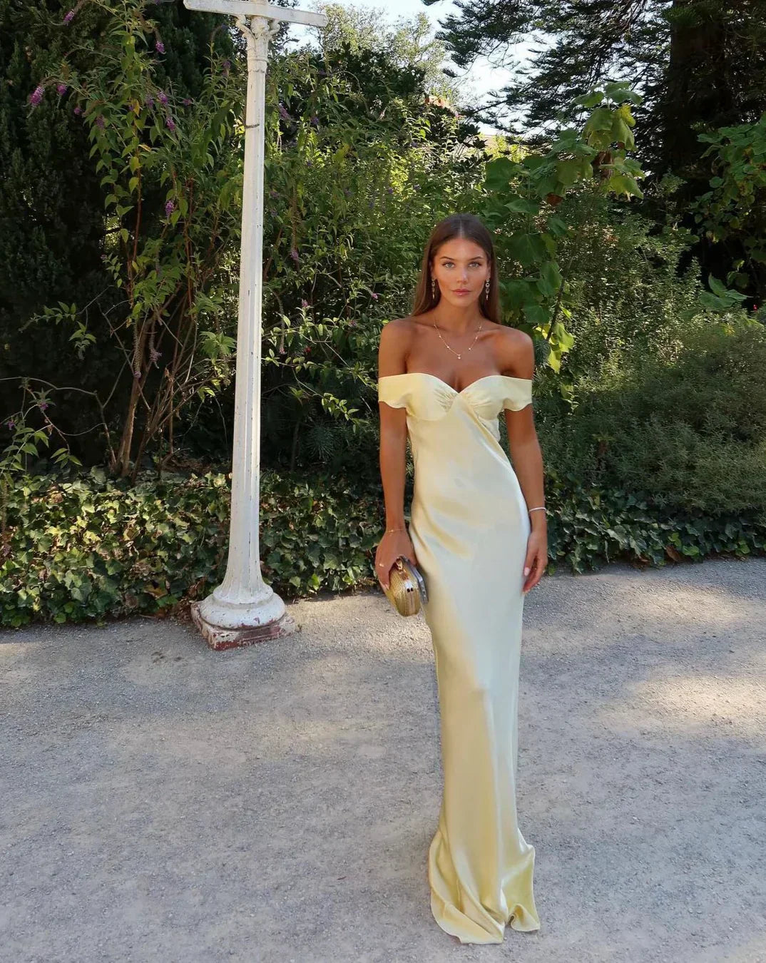 Dove | Strapless Satin Off-Shoulder Evening Dress