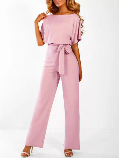 Avencea Overall with Ruffle Belt, Short Sleeves, Elegant Woman