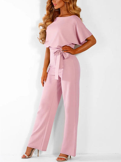 Avencea Overall with Ruffle Belt, Short Sleeves, Elegant Woman