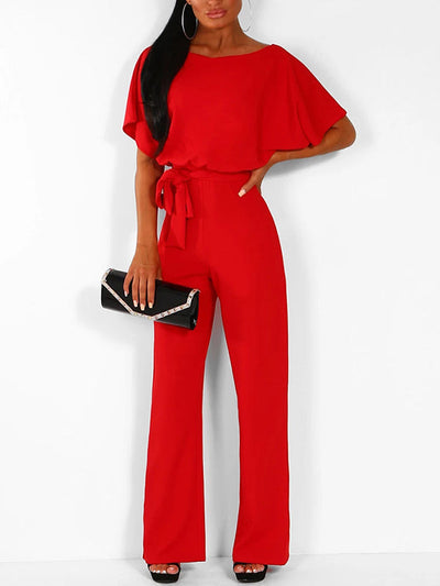 Avencea Overall with Ruffle Belt, Short Sleeves, Elegant Woman