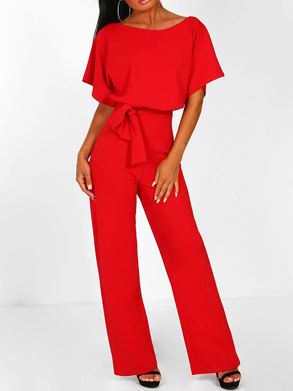 Avencea Overall with Ruffle Belt, Short Sleeves, Elegant Woman