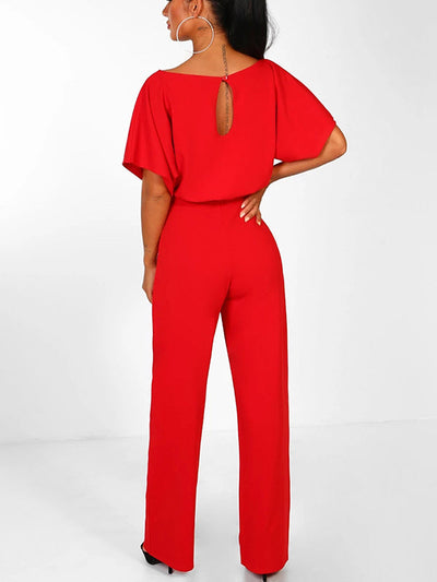 Avencea Overall with Ruffle Belt, Short Sleeves, Elegant Woman