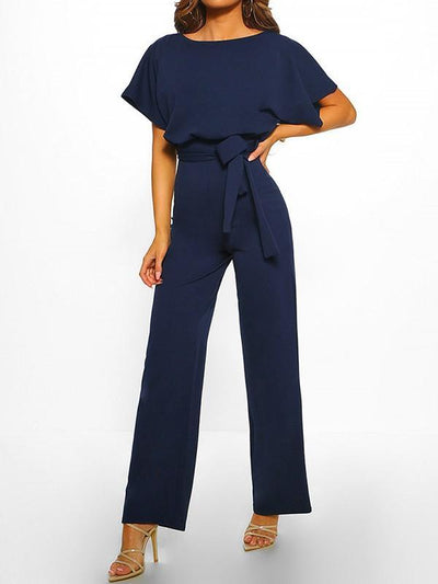 Avencea Overall with Ruffle Belt, Short Sleeves, Elegant Woman