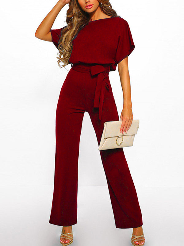 Avencea Overall with Ruffle Belt, Short Sleeves, Elegant Woman