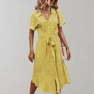 Avencea - Floral Midi Summer Dress with Short Sleeves for Women